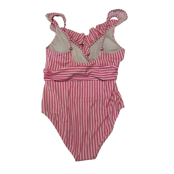 Vineyard Vines Pink  L Striped Ruffle One Piece Swimsuit Bow Tie Women's Size L - Picture 2 of 7